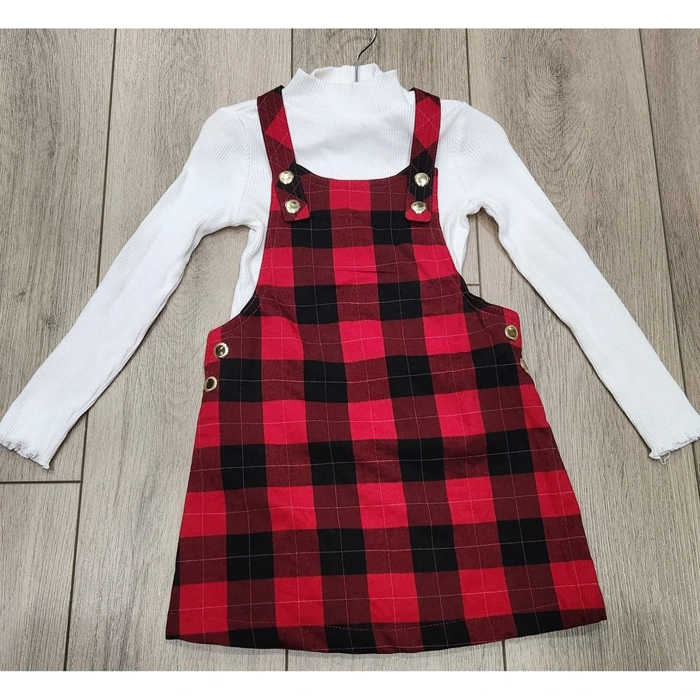 Girls Red Black Buffalo Plaid Pinafore Jumper Dress White Turtleneck Outfit 3T‎